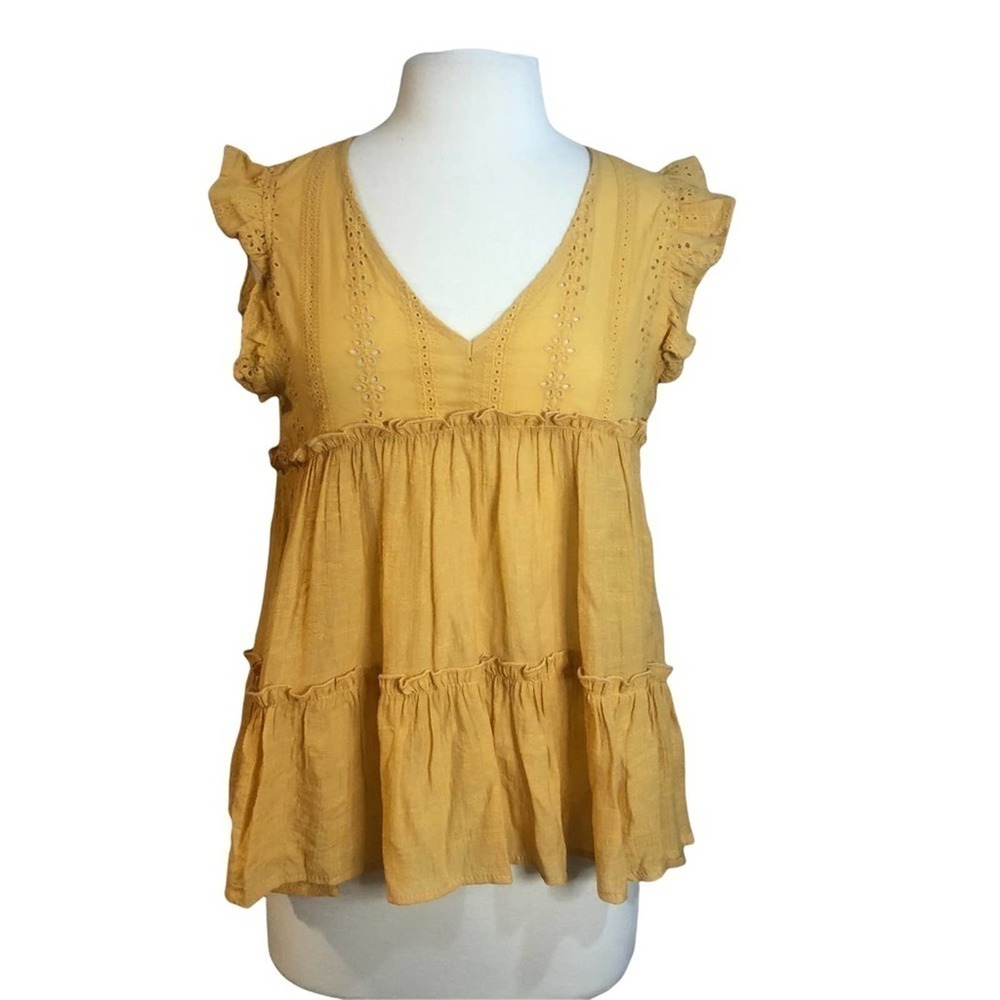&MERCI Boutique NWT Embroidered Eyelet Mustard Yellow Blouse Size Medium